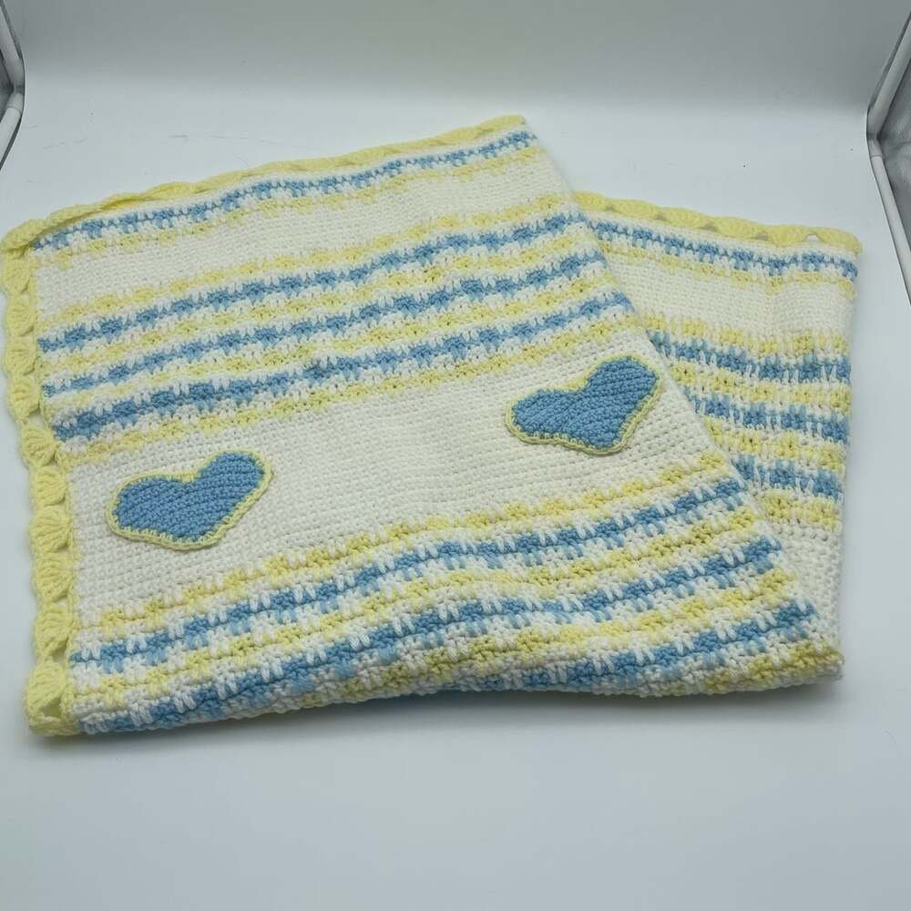 Handmade Crochet Baby Blanket Yellow White Blue Striped With Heart Appliques